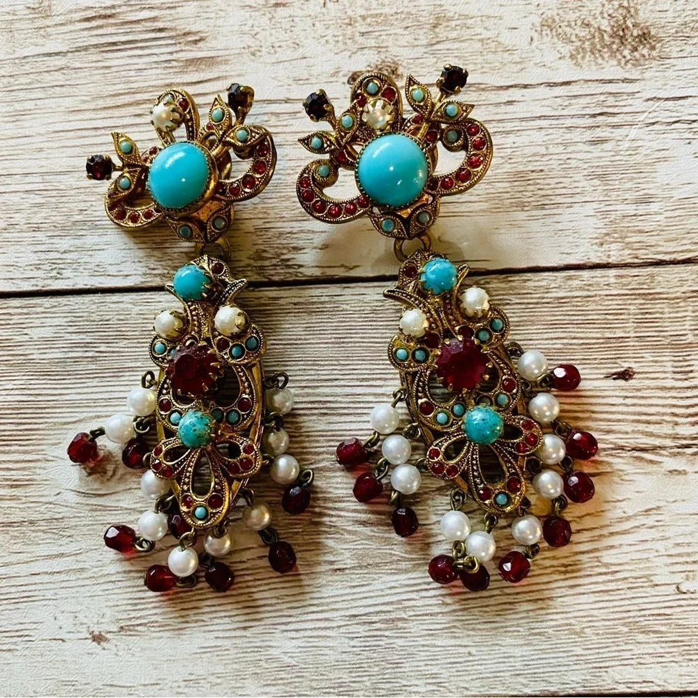 Vintage Fiorenza  style turquoise pearl and garnet bohemian dangling earrings 3”